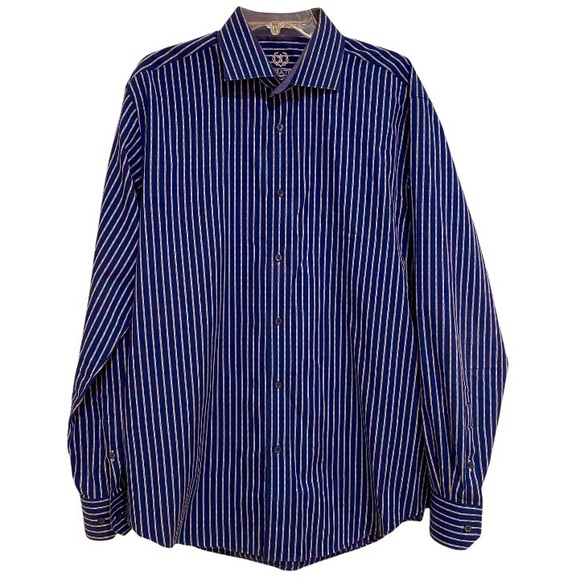 Bugatchi Men’s Long Sleeved Button Down Shirt Royal blue w/ Silver Gray Stripes - Picture 2 of 13